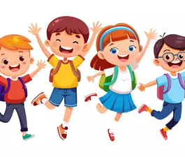 Four happy kids with backpacks jumping and smiling.